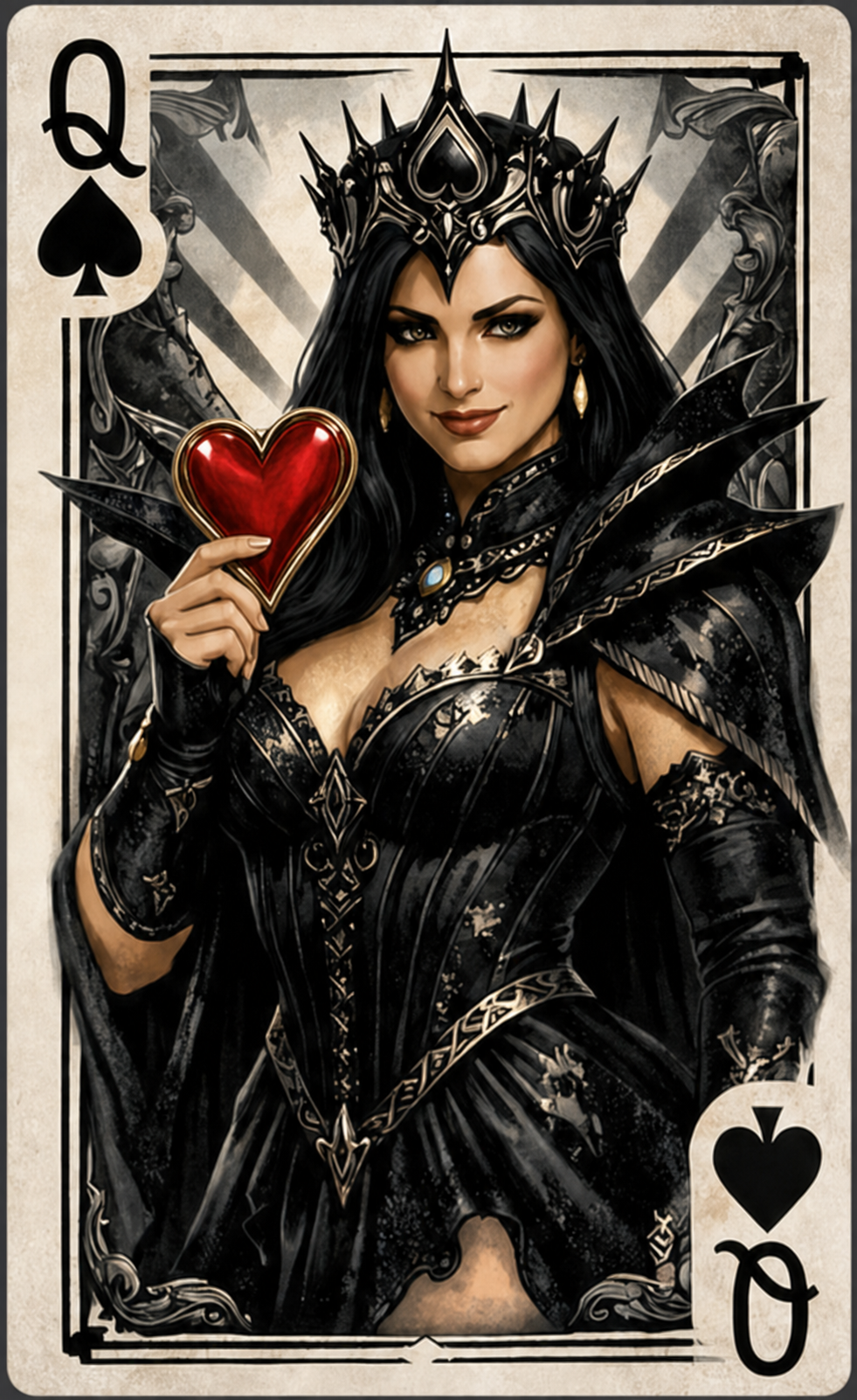 The Queen of Spades holding a ruby red heart, the signature artwork for Ultimate Hearts