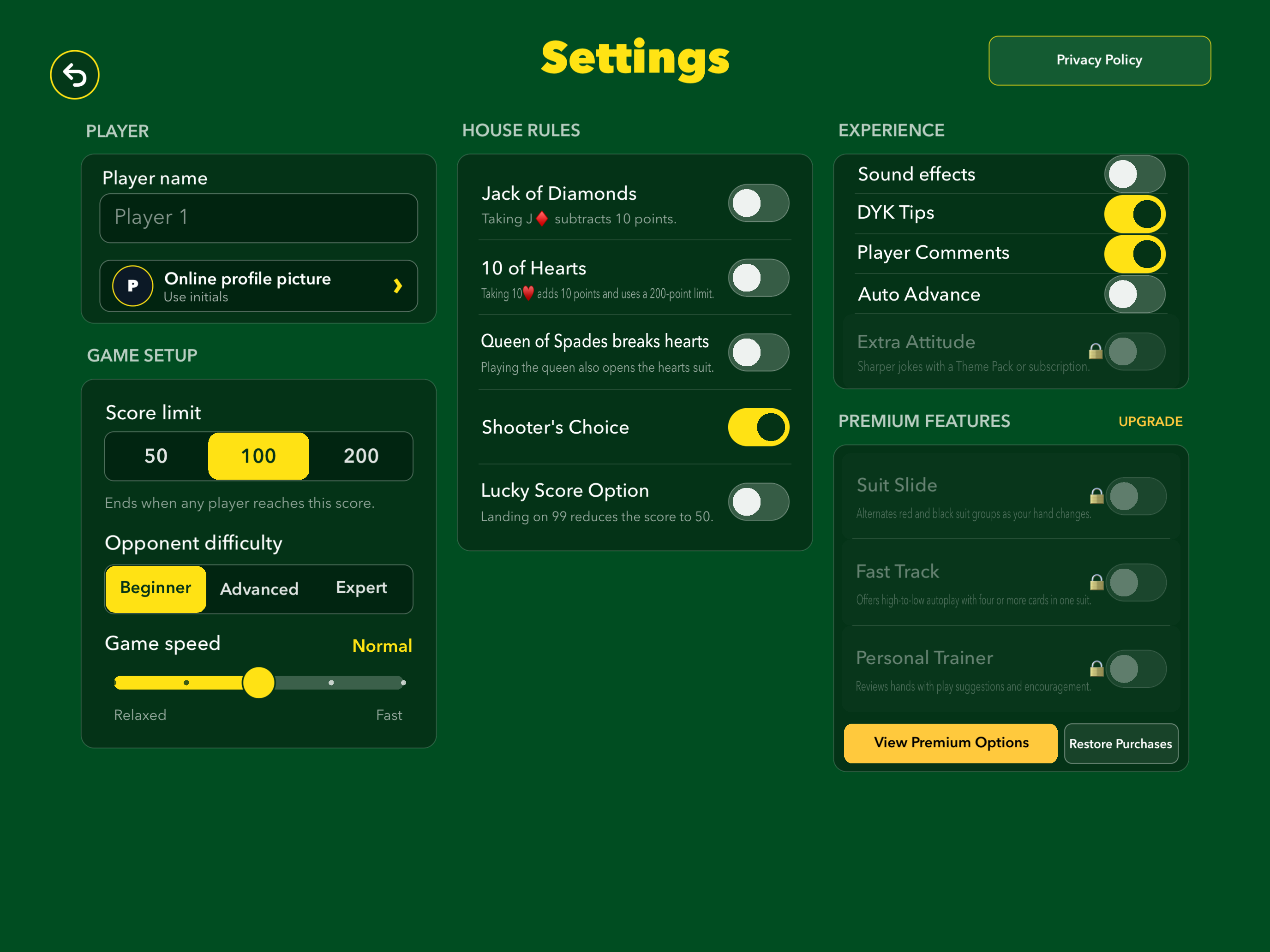 Ultimate Hearts settings on iPad with difficulty levels, house rules, DYK tips, player comments, and optional premium features
