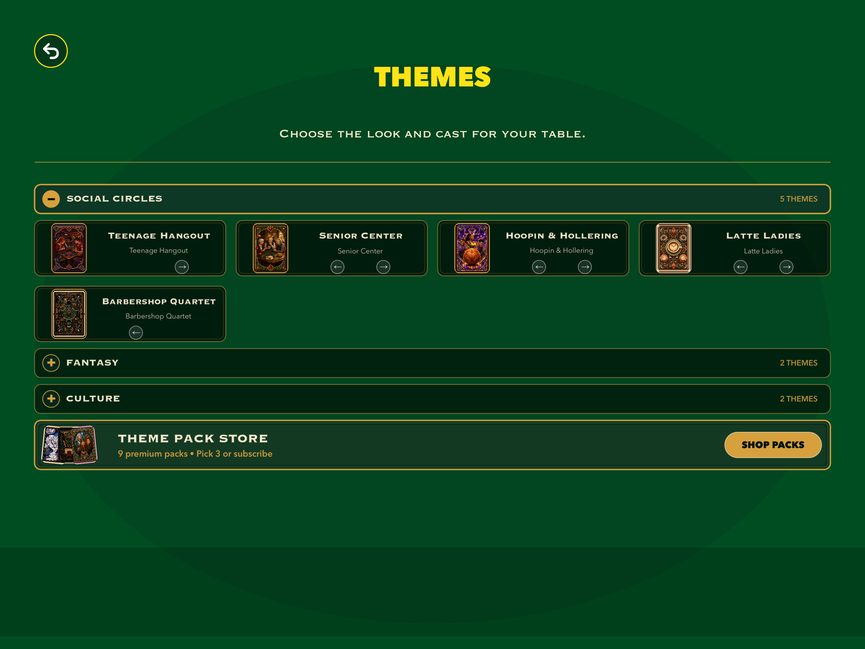 Ultimate Hearts themes on iPad showing Social Circles, Fantasy, Culture, and the optional Theme Pack Store